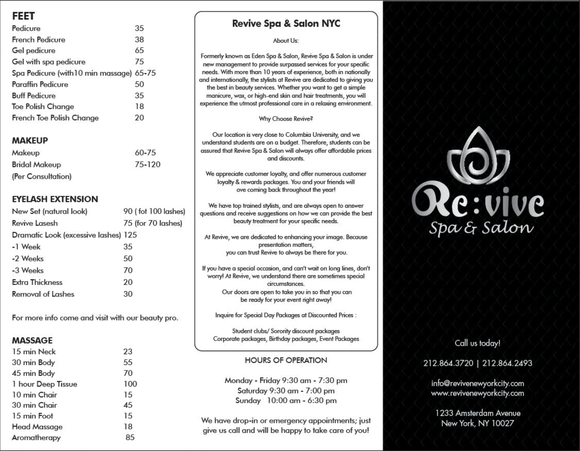 Re:vive Spa & Salon pricing — Makeup, Eyelash Extensions, Henna, Massage
