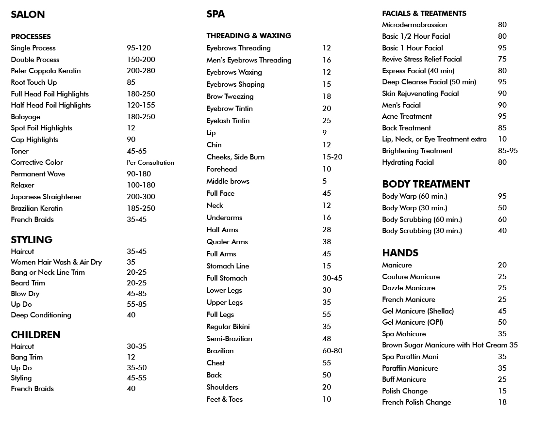 Re:vive Spa & Salon pricing — Hair, Nails, Facials, Spa, Waxing